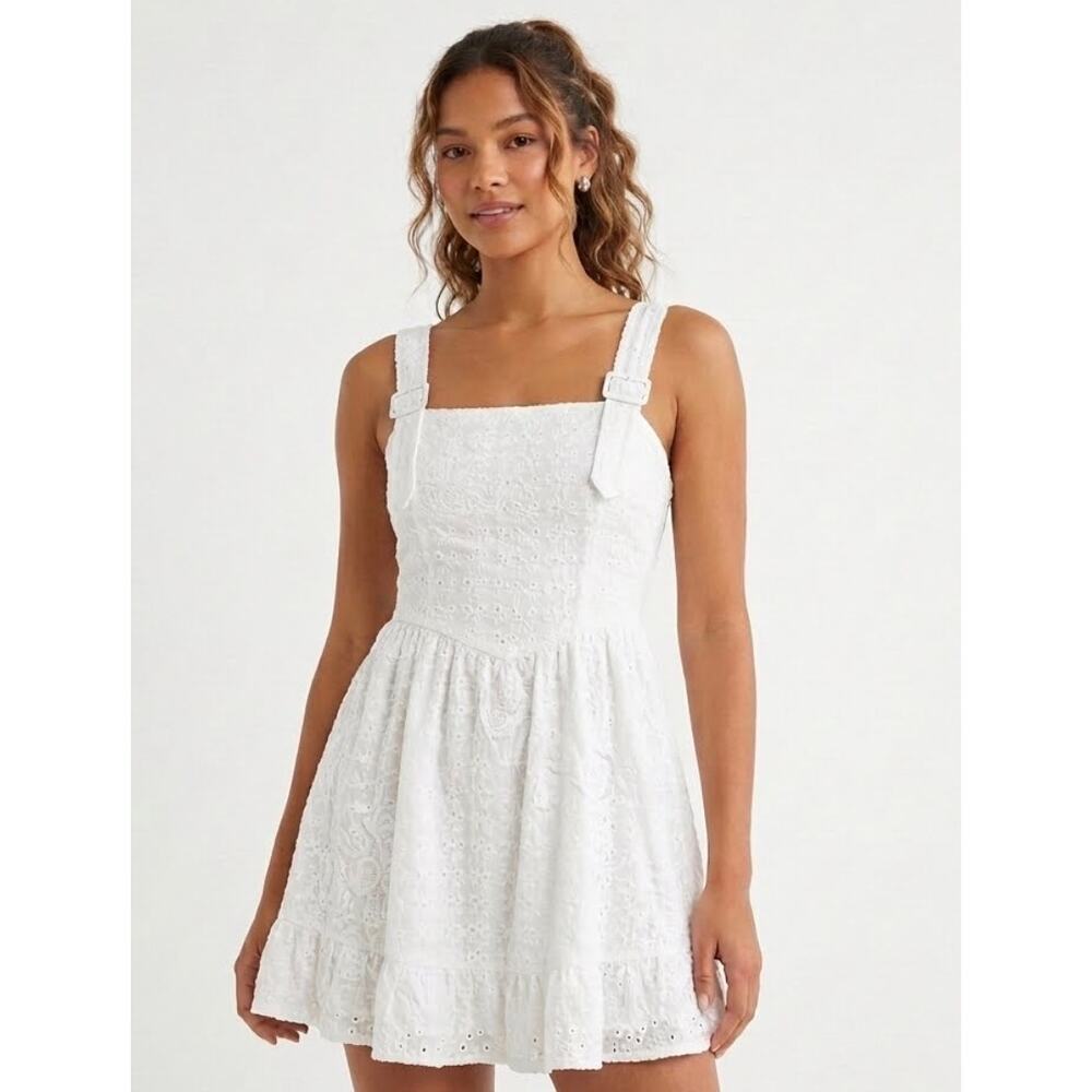 B. Right Small Eyelet White Corset Ruffled Euro Summer Resort Preppy Mini Dress